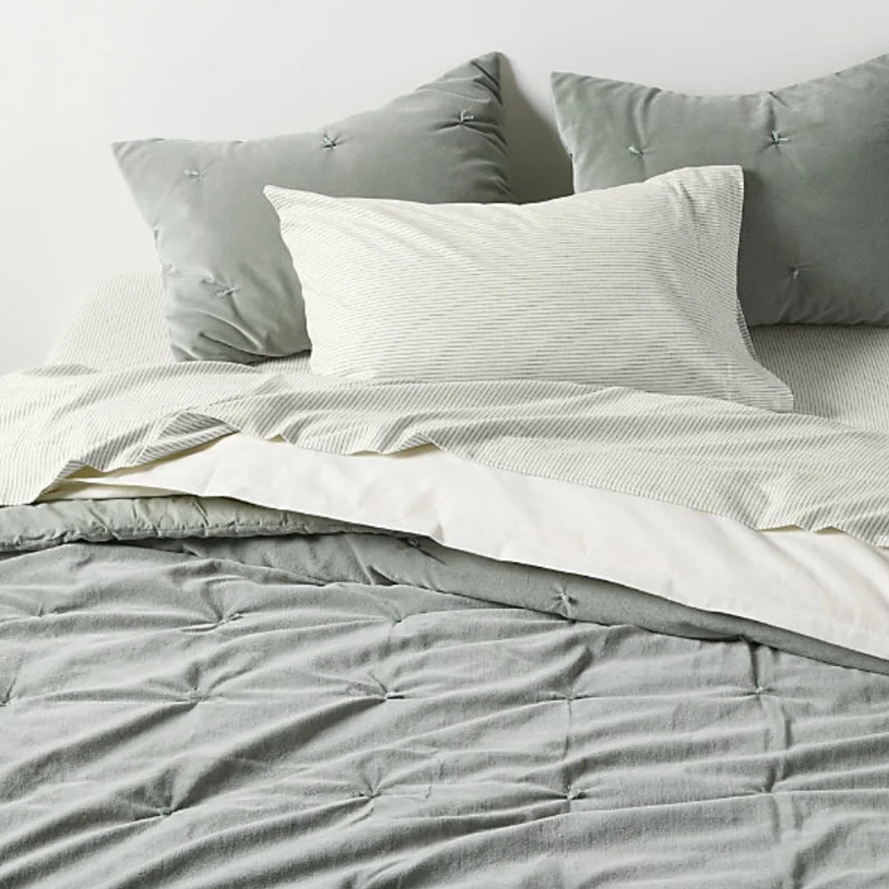 New! Crate&Barrel Cozysoft Organic Flannel Spruce Green Stripe Bed Sheet Set